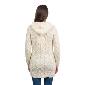 Aran Cable Knit Hooded Zip Coatigan ML110 Natural White SAOL Knitwear Reverse View
