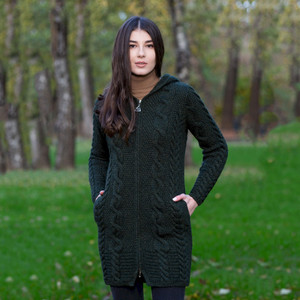 Aran Cable Knit Hooded Zip Coatigan ML110 Army Green SAOL Knitwear Front View