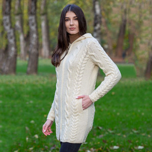 Aran Cable Knit Hooded Zip Coatigan ML110 Natural White SAOL Knitwear Side View