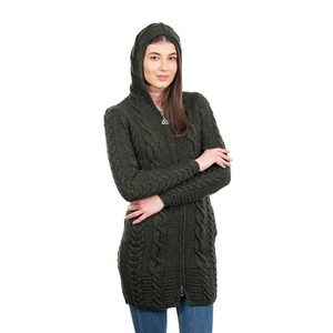 Aran Cable Knit Hooded Zip Coatigan ML110 Army Green SAOL Knitwear Front View