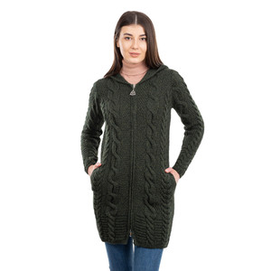 Aran Cable Knit Hooded Zip Coatigan ML110 Army Green SAOL Knitwear Front View