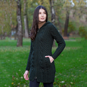 Aran Cable Knit Hooded Zip Coatigan ML110 Army Green SAOL Knitwear Side View