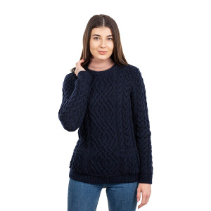 Cable Knit Crew Sweater ML102 Navy Blue SAOL Knitwear Front View