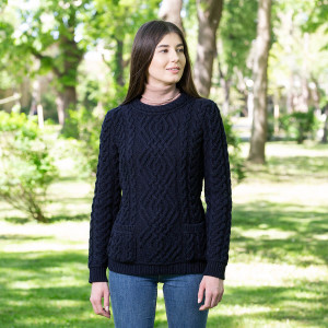 Cable Knit Crew Sweater ML102 Navy Blue SAOL Knitwear Front View