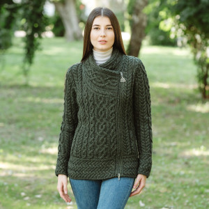 Cable Knit Side Zip Cardigan ML136 Army Green SAOL Knitwear Front View