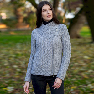 Cable Knit Side Zip Cardigan ML136 Grey SAOL Knitwear Front View