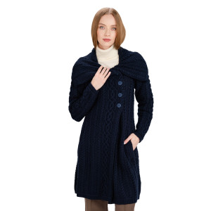 Ladies 4 Buttons Collar Coat AWL108 Navy Blue SAOL Knitwear Front View