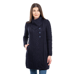 Ladies 4 Buttons Collar Coat AWL108 Navy Blue SAOL Knitwear Front View