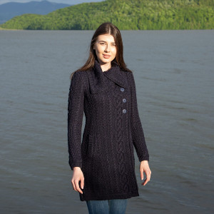 Ladies 4 Buttons Collar Coat AWL108 Navy Blue SAOL Knitwear Front View