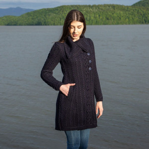 Ladies 4 Buttons Collar Coat AWL108 Navy Blue SAOL Knitwear Front View