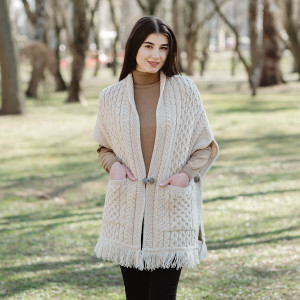 Ladies Pocket Shawl ML104 Parsnip SAOL Knitwear Front View