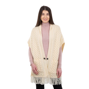 Ladies Pocket Shawl ML104 Natural White SAOL Knitwear Front View
