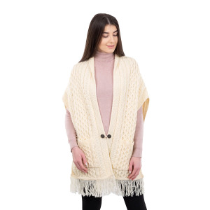 Ladies Pocket Shawl ML104 Natural White SAOL Knitwear Front View