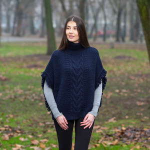Aran Cowl Neck Poncho ML129 Navy Blue SAOL Knitwear Front View