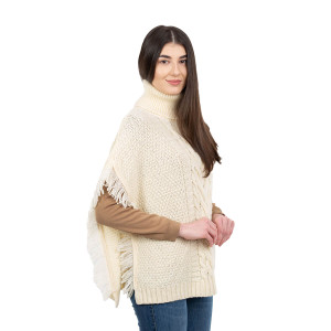 Aran Cowl Neck Poncho ML129 Natural White SAOL Knitwear Side View