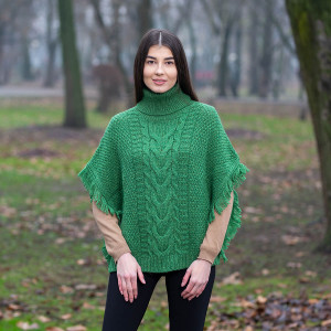 Aran Cowl Neck Poncho ML129 Green SAOL Knitwear Front View