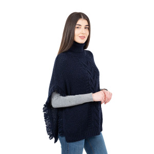 Aran Cowl Neck Poncho ML129 Navy Blue SAOL Knitwear Side View