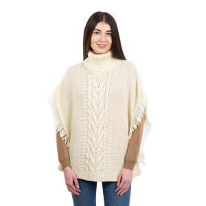 Aran Cowl Neck Poncho ML129 Natural White SAOL Knitwear Front View