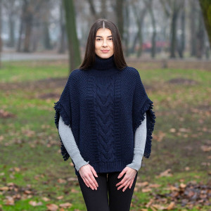 Aran Cowl Neck Poncho ML129 Navy Blue SAOL Knitwear Front View