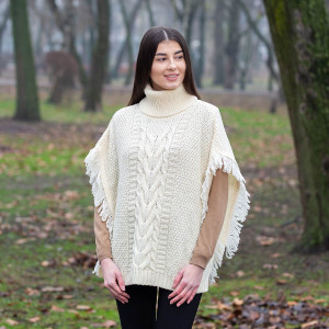 Aran Cowl Neck Poncho ML129 Natural White SAOL Knitwear Front View