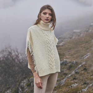 Aran Cowl Neck Poncho ML129 Natural White SAOL Knitwear Front View