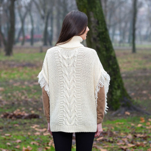 Aran Cowl Neck Poncho ML129 Natural White SAOL Knitwear Reverse View