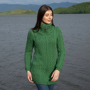 Soft Touch Ladies Aran Zip Cardigan ML114 Green SAOL Knitwear Front View
