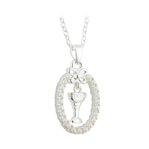 Silver Plated Pearl Oval Chalice Pendant - Communion Gift
