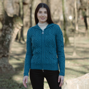 Ladies Double Collar Zipped Cardigan ML113 Teal SAOL Knitwear Front View