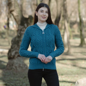 Ladies Double Collar Zipped Cardigan ML113 Teal SAOL Knitwear Front View
