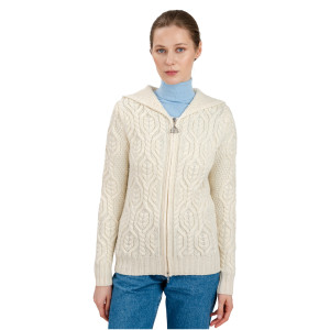 Ladies Double Collar Zipped Cardigan ML113 Natural White SAOL Knitwear Front View