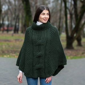 Cable Cowlneck Poncho ML133 Army Green SAOL Knitwear Front View
