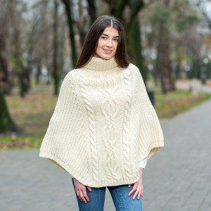 Cable Cowlneck Poncho ML133 Natural White SAOL Knitwear Front View