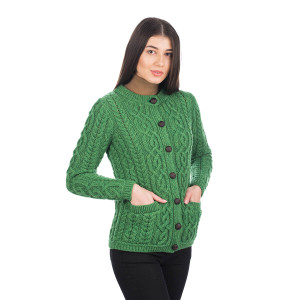 Ladies Aran Button Cardigan ML115 Green SAOL Knitwear Side View