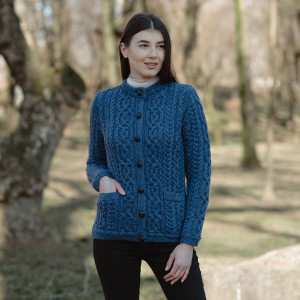 Ladies Aran Button Cardigan ML115 Marl Blue SAOL Knitwear Front View