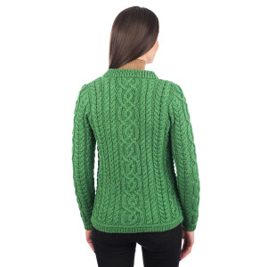 Ladies Aran Button Cardigan ML115 Green SAOL Knitwear Reverse View