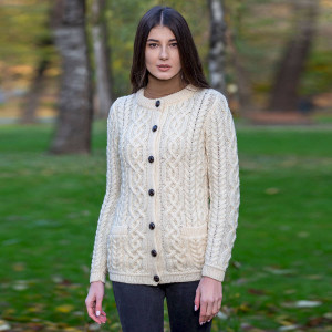 Ladies Aran Button Cardigan ML115 Natural White SAOL Knitwear Front View