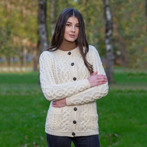 Ladies Aran Button Cardigan ML115 Natural White SAOL Knitwear Front View