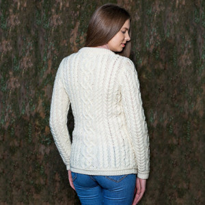Ladies Aran Button Cardigan ML115 Natural White SAOL Knitwear Reverse View
