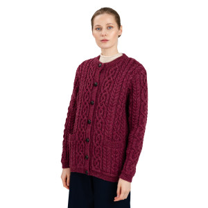 Ladies Aran Button Cardigan ML115 Red Velvet SAOL Knitwear Front View