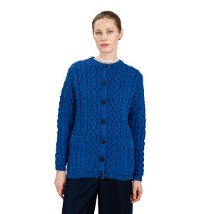 Ladies Aran Button Cardigan ML115 Marl Blue SAOL Knitwear Side View