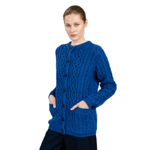 Ladies Aran Button Cardigan ML115 Marl Blue SAOL Knitwear Side View