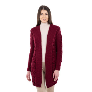 Ladies Classic Fit Long Cardigan with Hood ML116 Wine SAOL Knitwear Front View