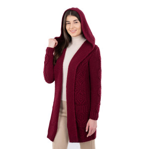 Ladies Classic Fit Long Cardigan with Hood ML116 Wine SAOL Knitwear Side View