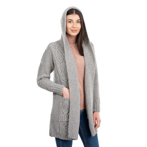 Ladies Classic Fit Long Cardigan with Hood ML116 Grey SAOL Knitwear Side View