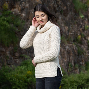 Ladies Turtleneck Ribbed Cable Knit Sweater AWL118 Natural White SAOL Knitwear Side View