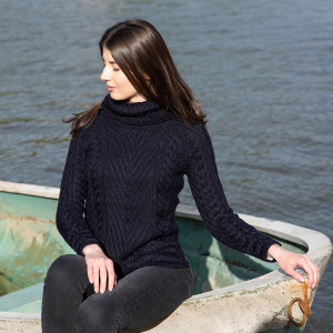 Ladies Turtleneck Ribbed Cable Knit Sweater AWL118 Navy Blue SAOL Knitwear Front View