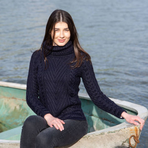 Ladies Turtleneck Ribbed Cable Knit Sweater AWL118 Navy Blue SAOL Knitwear Front View