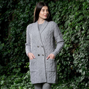 Ladies Double Breasted Shawl Collar Coat ML131 Grey SAOL Knitwear Front View