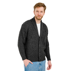 Mens Cable Shawl-Collar Cardigan MM904 Charcoal  SOAL Knitwear Front View
